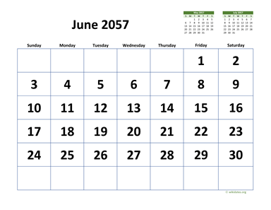 June 2057 Calendar with Extra-large Dates