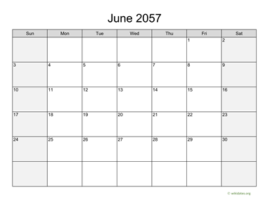 June 2057 Calendar with Weekend Shaded