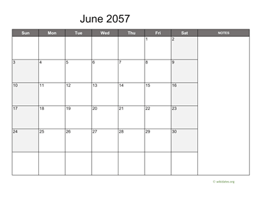 June 2057 Calendar with Notes