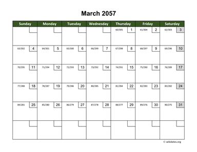 March 2057 Calendar with Day Numbers