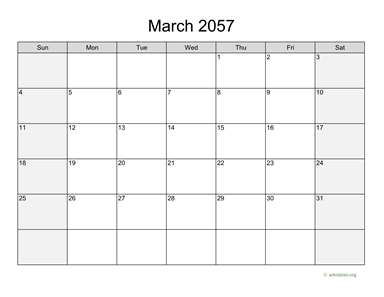 March 2057 Calendar with Weekend Shaded