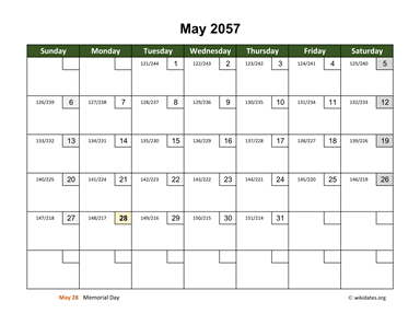 May 2057 Calendar with Day Numbers
