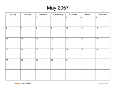 Basic Calendar for May 2057