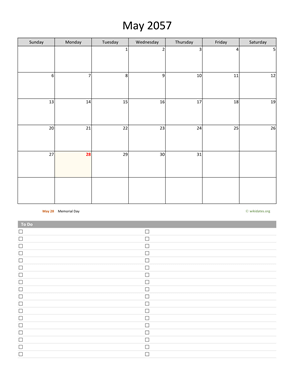 May 2057 Calendar with To-Do List