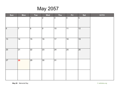 May 2057 Calendar with Notes