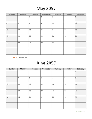 May and June 2057 Calendar Vertical