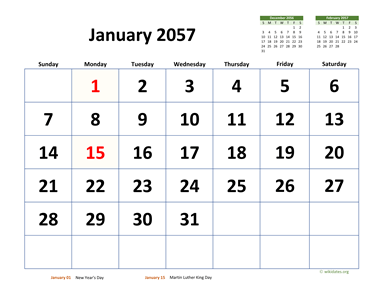 Monthly 2057 Calendar with Extra-large Dates