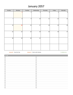 Monthly 2057 Calendar with To-Do List