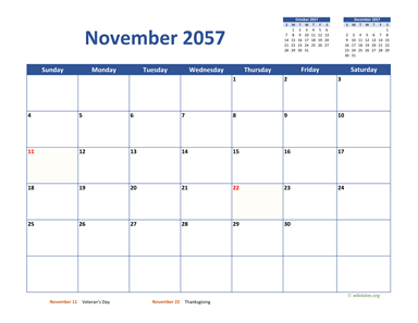 November 2057 Calendar Classic