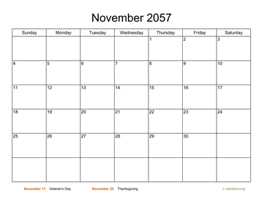 Basic Calendar for November 2057