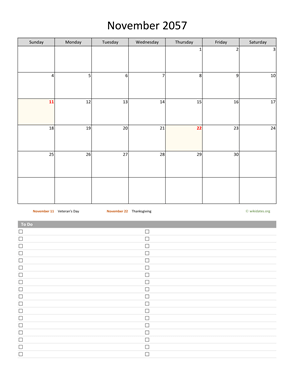 November 2057 Calendar with To-Do List