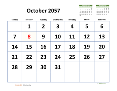 October 2057 Calendar with Extra-large Dates