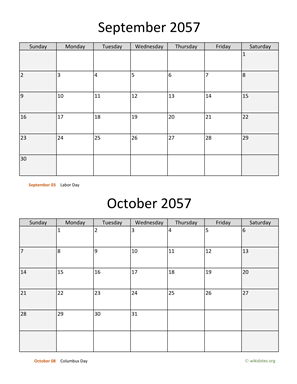 September and October 2057 Calendar Vertical