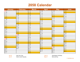 2058 Calendar on 2 Pages, Landscape Orientation