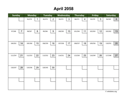 April 2058 Calendar with Day Numbers