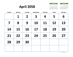 April 2058 Calendar with Extra-large Dates