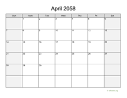 April 2058 Calendar with Weekend Shaded
