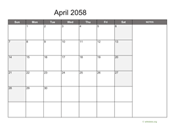 April 2058 Calendar with Notes