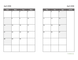April 2058 Calendar on two pages