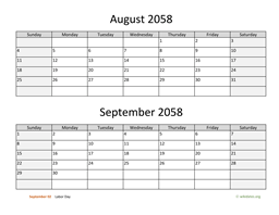August and September 2058 Calendar
