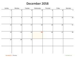 December 2058 Calendar with Bigger boxes