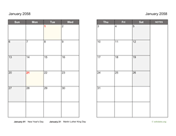 January 2058 Calendar on two pages