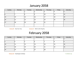 January and February 2058 Calendar
