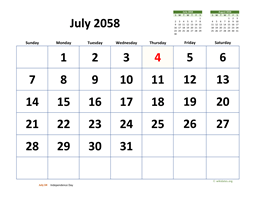 July 2058 Calendar with Extra-large Dates