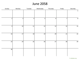 June 2058 Calendar with Bigger boxes
