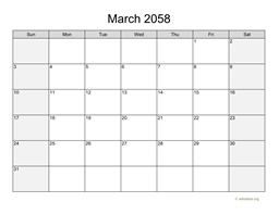March 2058 Calendar with Weekend Shaded