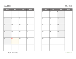 May 2058 Calendar on two pages
