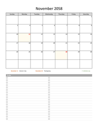 November 2058 Calendar with To-Do List