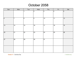 October 2058 Calendar with Weekend Shaded