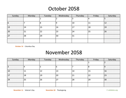 October and November 2058 Calendar