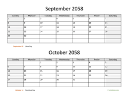 September and October 2058 Calendar
