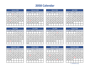 2058 Calendar in PDF