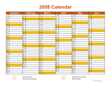 2058 Calendar on 2 Pages, Landscape Orientation