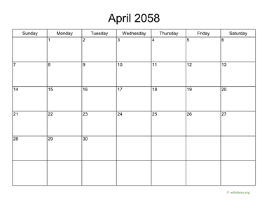Basic Calendar for April 2058