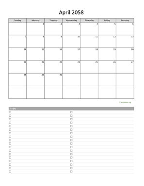 April 2058 Calendar with To-Do List