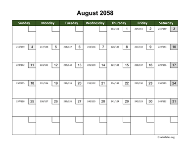 August 2058 Calendar with Day Numbers