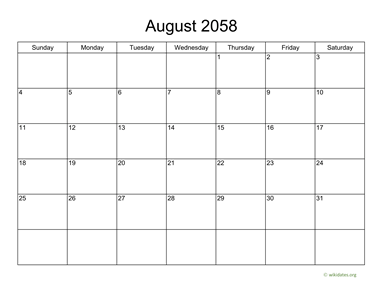 Basic Calendar for August 2058
