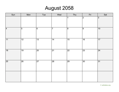 August 2058 Calendar with Weekend Shaded
