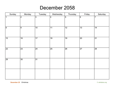 Basic Calendar for December 2058