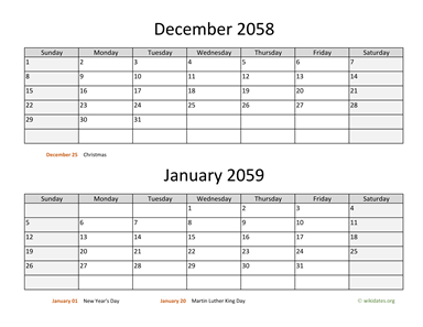 December 2058 and January 2059 Calendar Horizontal