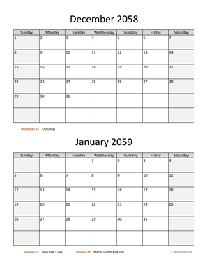 December 2058 and January 2059 Calendar Vertical
