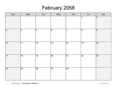 February 2058 Calendar with Weekend Shaded