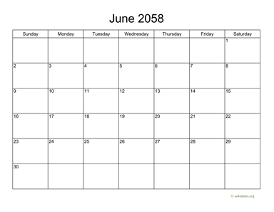 Basic Calendar for June 2058