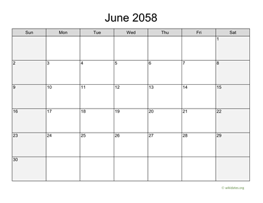 June 2058 Calendar with Weekend Shaded