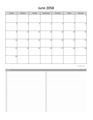 June 2058 Calendar with To-Do List