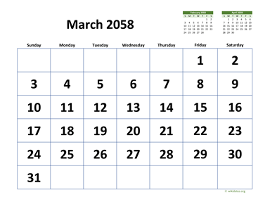 March 2058 Calendar with Extra-large Dates